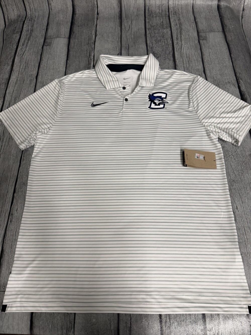 NWT Men’s Nike Creighton Bluejays Striped Dri Fit Polo Shirt Grey White Large